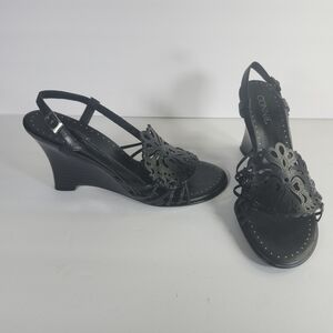 Connie Figuiera Black Leather Lazer Cutouts Slingback Wedge Sandals S 7.5M NWOB